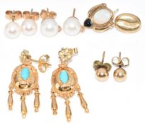 A pair of 14k gold earrings set with turquoise (4.8g), two pairs of 9ct gold pearl studs, 9ct gold