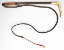 Swaine 19thC braided, bound leather and deer horn riding whip, length 190cm