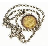 1892 gold full sovereign in 9ct gold mount, on 9ct gold chain, 20.1g, 52cm