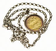 1892 gold full sovereign in 9ct gold mount, on 9ct gold chain, 20.1g, 52cm