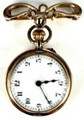 Unnamed 9ct gold keyless winding pocket watch with blued hands, black Arabic numerals, white dial