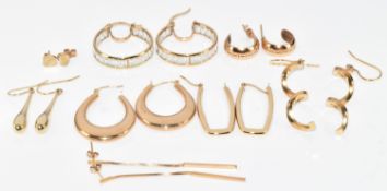 Eight pairs of 9ct gold earrings including hoop, twist, etc, 16.4g
