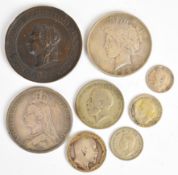 1889 Victorian crown, 1922 Liberty Dollar, 23g pre 1947 British silver coinage and an 1887