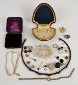 A collection of jewellery including three yellow metal studs (test as 9k, 2.9g), section of
