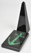Pieta Dura inlaid malachite paperweight with anchor decoration and an obelisk, tallest 16cm