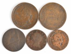 Three Irish coins comprising George I halfpenny, George III halfpenny and penny and two Irish