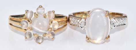 Two 9k gold rings, one set with a cluster of moonstones and the other a moonstone and diamonds, with