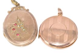 Two 9ct gold lockets, one with ridged decoration and hallmarked Chester 1919 and the other c1910 set