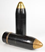 Two inert Ottoman / Turkish 7.5cm shells, both with brass fuses, with Arabic script, one marked 3358