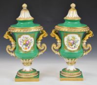 Pair of early Coalport pedestal covered campagna urns, circa 1851-61, with figural gilded mermaid