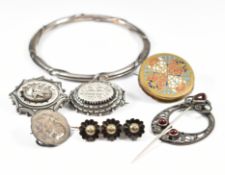 Silver bangle, two c1900 silver brooches, other brooches to include Art Nouveau and enamelled and