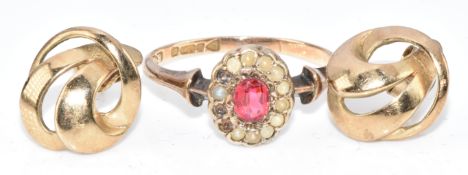 A 9ct gold ring set with paste and a pair of 9ct gold earrings, 4.5g