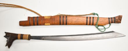 Borneo headhunter's sword (mandau) with approximately 51cm blade, carved wood and wicker woven
