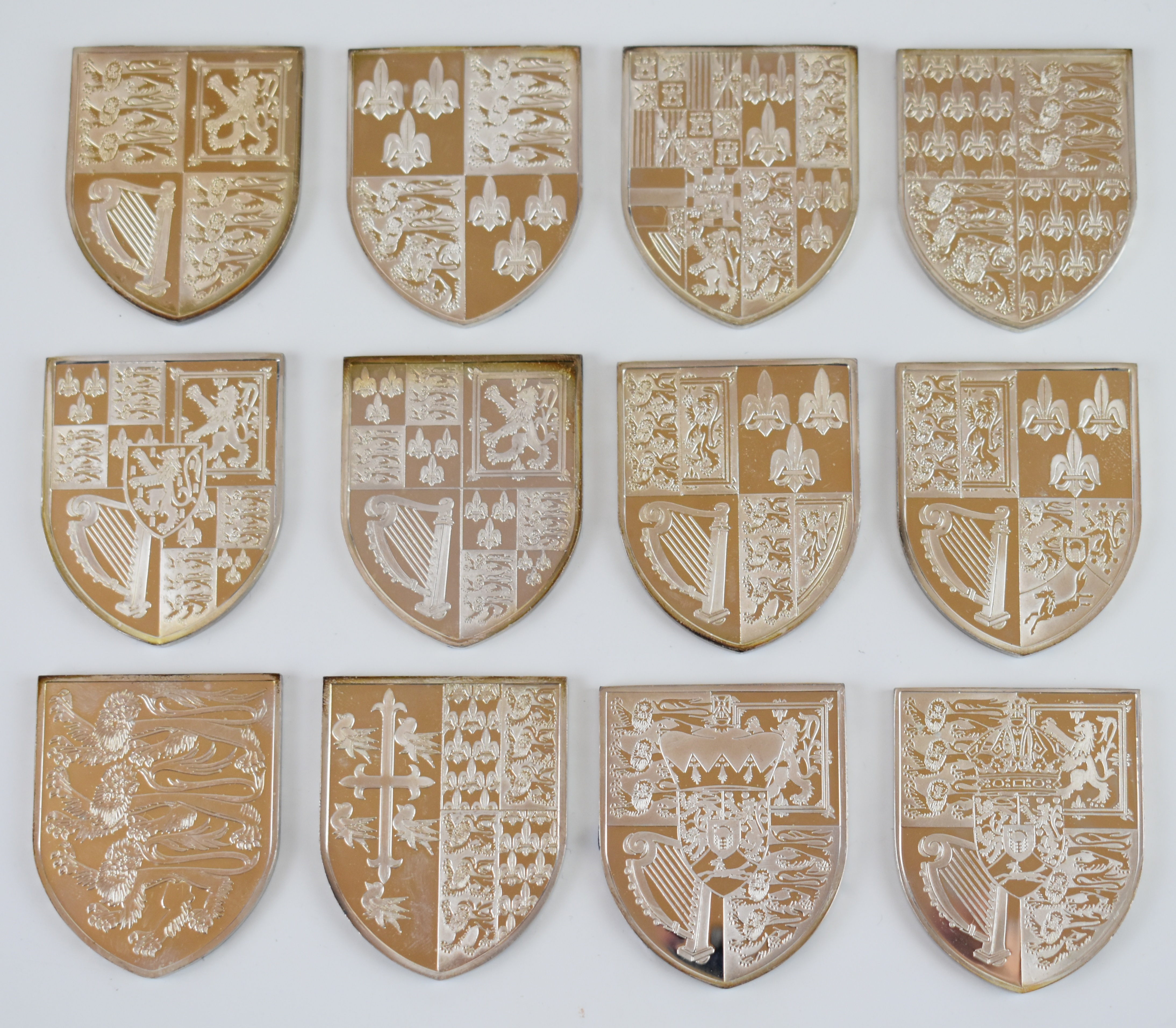 Yorkshire Mint cased set of 12 hallmarked silver commemorative Royal Arms shield shaped - Image 2 of 5