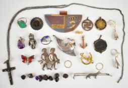 A collection of jewellery including S. Kinsburger pendant, 900 grade silver brooch (14.4g), rolled