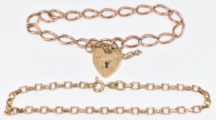 Two 9ct gold bracelets, one with heart padlock clasp, 10.7g, 16 & 18cm