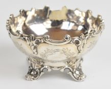 Victorian hallmarked silver bon bon dish or sugar bowl with decorative scrolling rim and engraved
