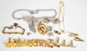 A collection of jewellery including vintage cufflinks, diamanté earrings and necklace, rolled gold