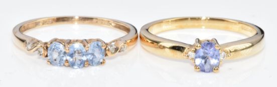Two 9ct gold rings set with tanzanites, 3.6g, sizes M & O