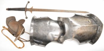 Replica 17thC armour, helmet and broadsword suitable for re-enactment, the sword possibly 19thC or