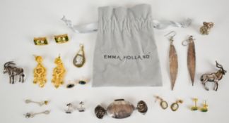 A collection of silver including earrings set with blue diamonds, earrings set with opals, two