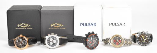 Five gentlemans wristwatches comprising Pulsar chronographs ref. VD53-X152, ref. VD53-X055 and