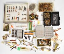 Fly fishing boxes and contents, loose flies, display to include Wheatley boxes, one with clip