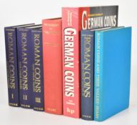 Seven coin reference books comprising a set of four Spink published books on Roman coins by David R.