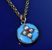Victorian locket set with a ruby, split pearls and aqua coloured enamel (3.8g), on Victorian chain