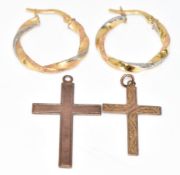 A pair of 9ct gold earrings and two 9ct gold cross pendants, 2.8g