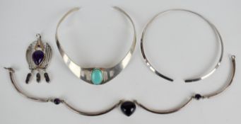 Three silver necklaces including turquoise, amethyst and amethyst and pearl, 135g