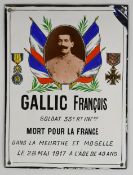 French WW1 enamel death plaque for François Gallic, 33rd Infantry Regiment, who died for France at