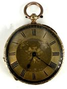 Unnamed 18ct gold open faced pocket watch with blued hands, black Roman numerals, engraved gold dial