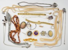 A collection of jewellery including two silver pendants set with agate, vintage brooches, Capri