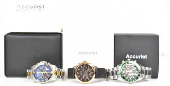 Three gentleman's Accurist chronograph wristwatches ref. MB654N, ref. MS643BR and ref. MB936BG,