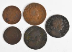 A group of late 17thC and early 18thC coins to include William II halfpenny, William and Mary