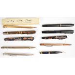 Ten fountain pens and propelling pencils including Waterman, Platignum, The De La Rue Pen, Mabie