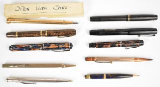 Ten fountain pens and propelling pencils including Waterman, Platignum, The De La Rue Pen, Mabie
