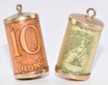 Two 9ct gold charms with £1 note and 10 shilling note, 2cm, 6.7g