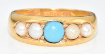 A c1900 18ct gold ring set with split pearls and faux turquoise, 6.1g, size M/N