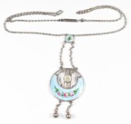 A hallmarked silver necklace set with enamel and mother of pearl, Chester 1915, 6.2g, 34cm