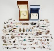 Forty three pairs of silver earrings including Greek key, hoops, pearls, amethyst, garnet and agate,