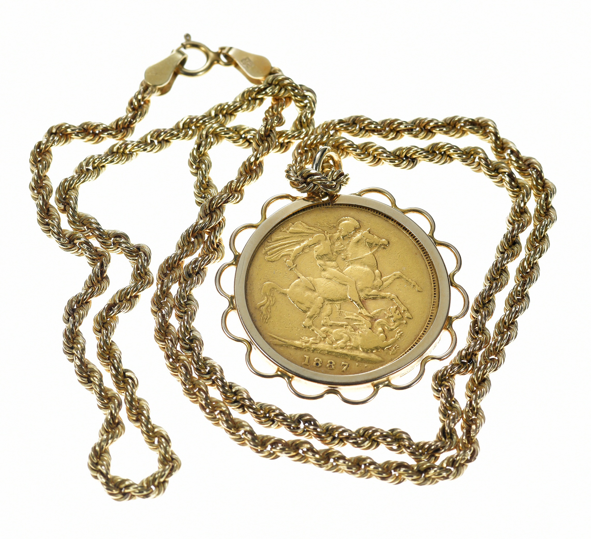 1887 gold full sovereign in 9ct gold pendant mount, on 9ct gold chain, 12.7g, 46cm - Image 2 of 2