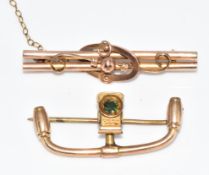 Two 9ct gold bar brooches, one in the form of bicycle or motorcycle handlebars, 4.9g, 3.5 & 4cm