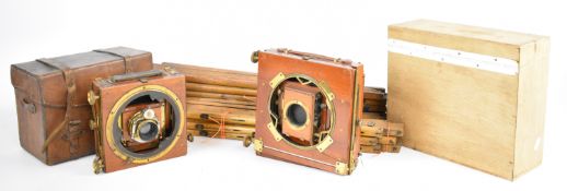Two mahogany plate cameras, one with Bausch & Lomb shutter the other with Thornton Pickard or