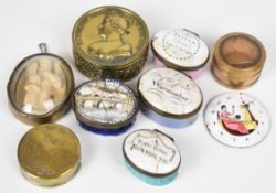 Georgian and later pots and caskets including Bilston enamels, brass 1826 Caroline Queen of England,