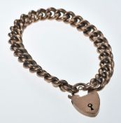 Edwardian 9ct rose gold curb link bracelet with heart padlock clasp, Birmingham 1906, 18.6g, 17.5cm