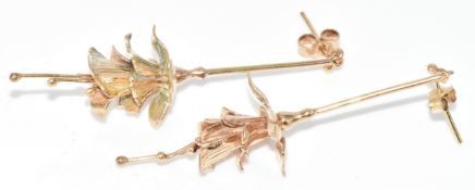 A pair of 9ct gold earrings in the form of a fuchsia flower, 6.1g