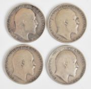 Four Edward VII shillings comprising 1902, 1906, 1907 and 1910, weight 22g