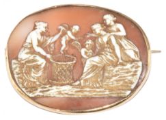 Victorian brooch set with a shell cameo depicting classical scene, 12.2g, 5.4 x 4.3cm (tests as